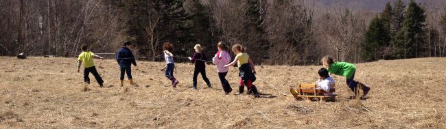 Eight children in a field with trees in the distance. Six of the children are pulling a boy on a slide. The eighth child is pushing the sled.