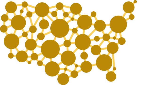 Simple map of the United States with connected circles indicating a network.